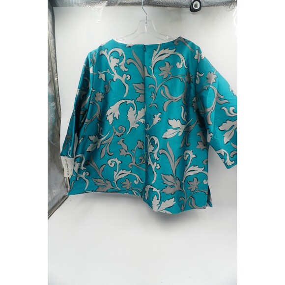 Caroline Rose NWT Turquoise Blue & Silver Damask Floral Blouse Plus Size 3X - Picture 10 of 13